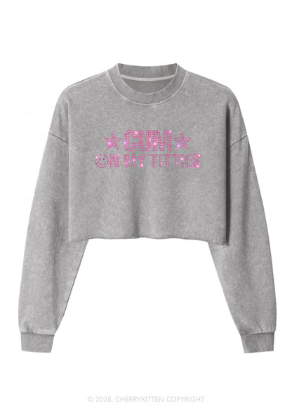 Rhinestone Cxm On My Txtties Y2K Crop Washed Sweatshirts Cherrykitten