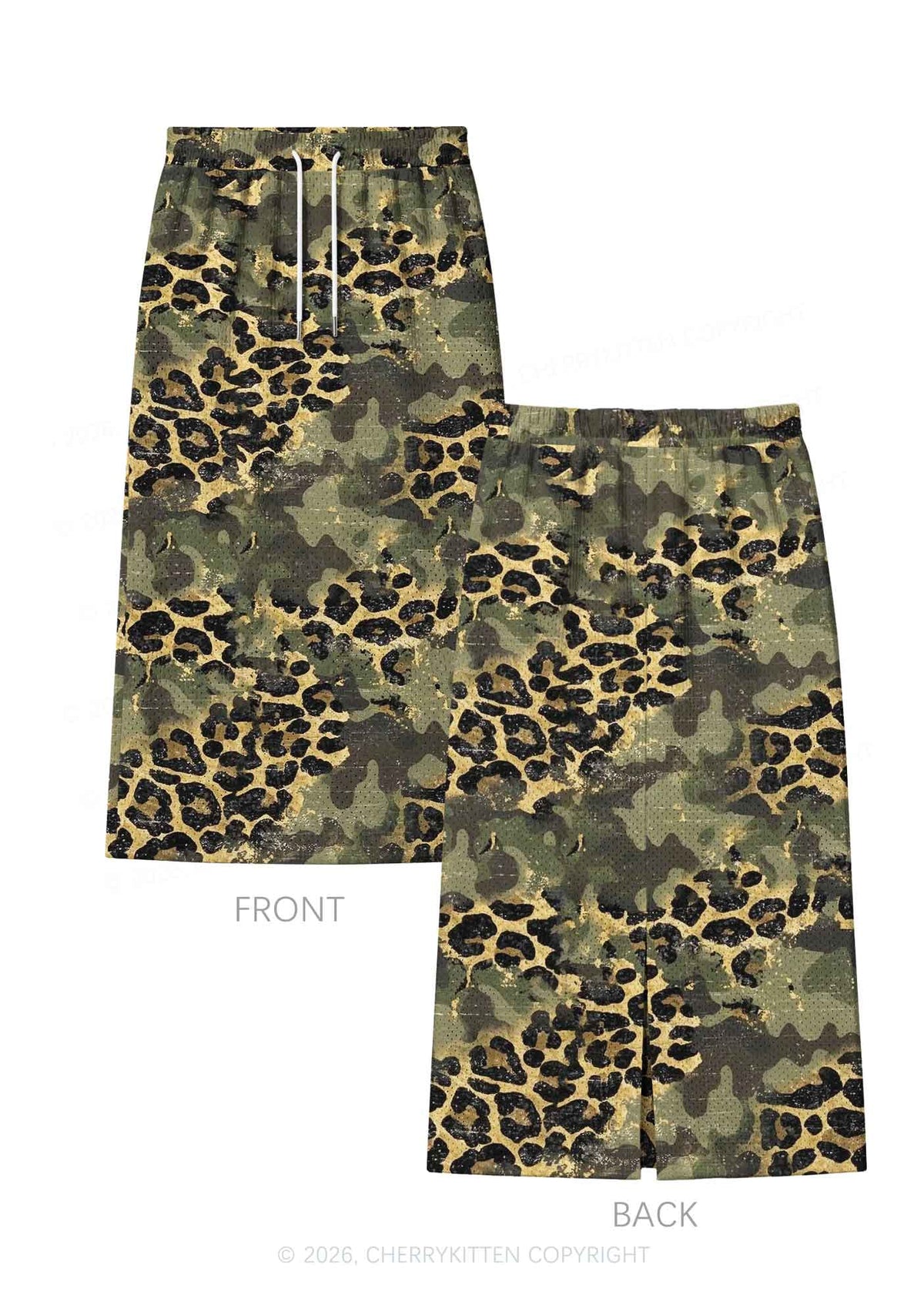 Green Camouflage And Leopard Y2K Sport Jersey Drawstring Midi Skirt Cherrykitten