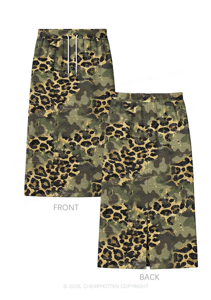 Green Camouflage And Leopard Y2K Sport Jersey Drawstring Midi Skirt Cherrykitten