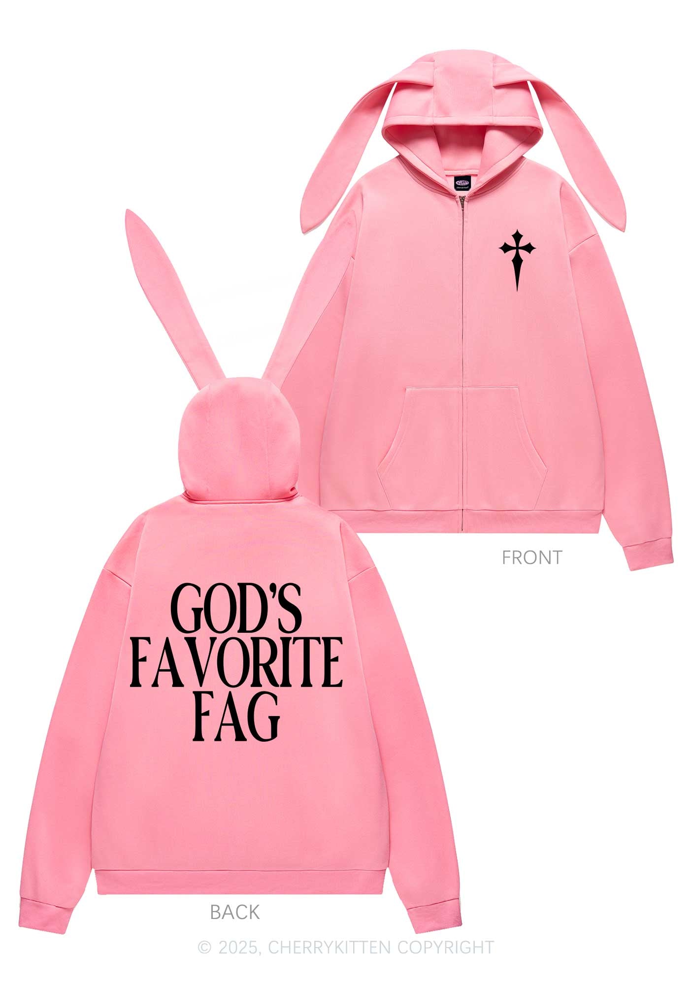 Gods Favorite Fag Pride Y2K Bunny Ear Zip Hoodie Cherrykitten