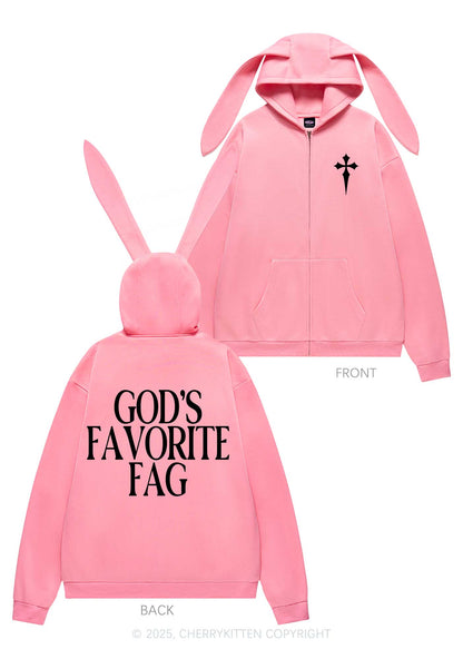 Gods Favorite Fag Pride Y2K Bunny Ear Zip Hoodie Cherrykitten