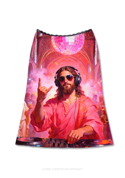 Disco Jesus DJ Y2K Print Midi Skirt Cherrykitten
