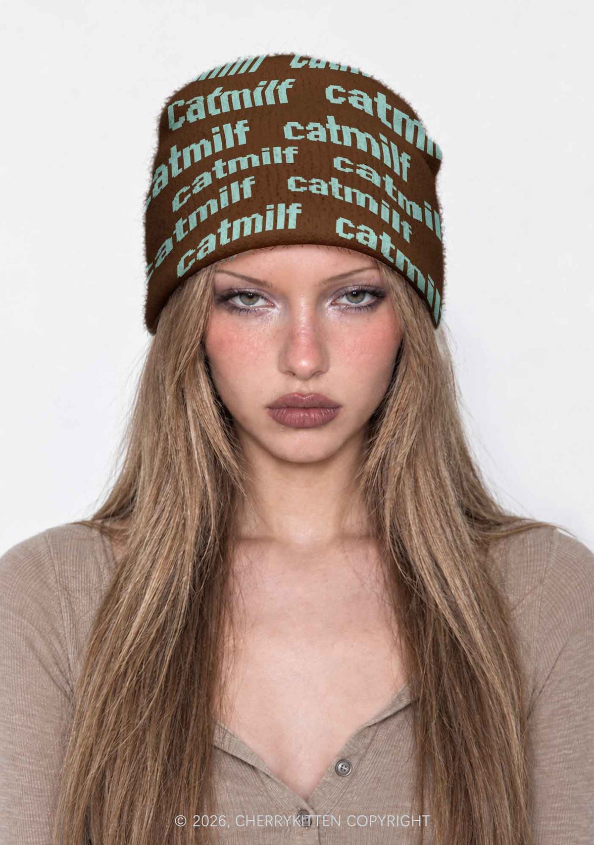 Mint Catmxxf On Brown Y2K Print Knit Beanie Cherrykitten