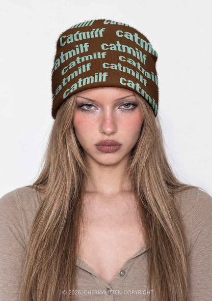Mint Catmxxf On Brown Y2K Print Knit Beanie Cherrykitten