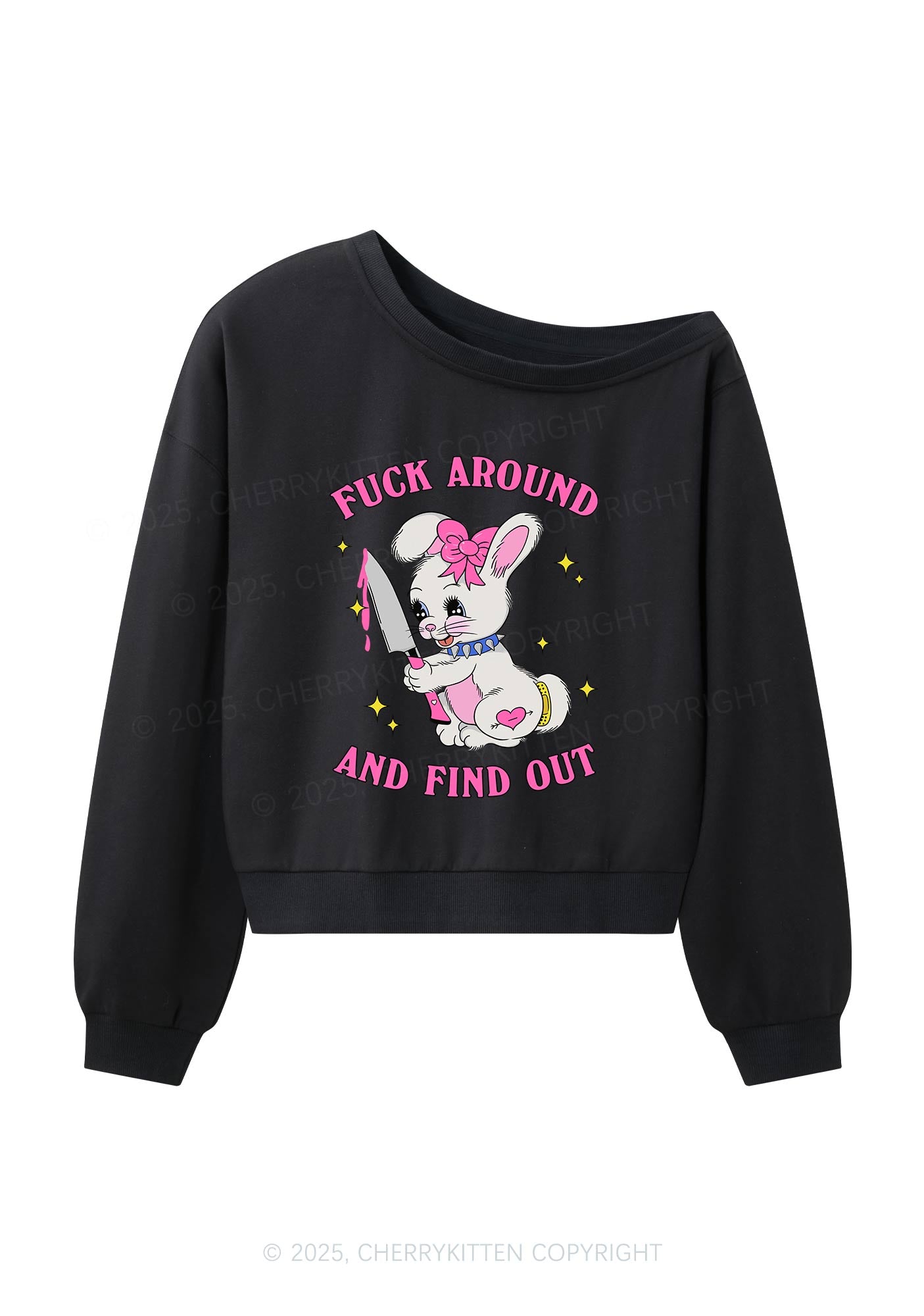 Fxxk Around Bunny Y2K Off Shoulder Sweatshirts Cherrykitten