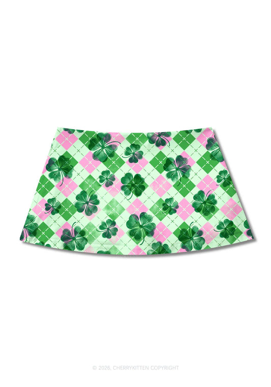 Four Leaf Clover Pink Plaid St Patricks Y2K Print Mini Skirt Cherrykitten