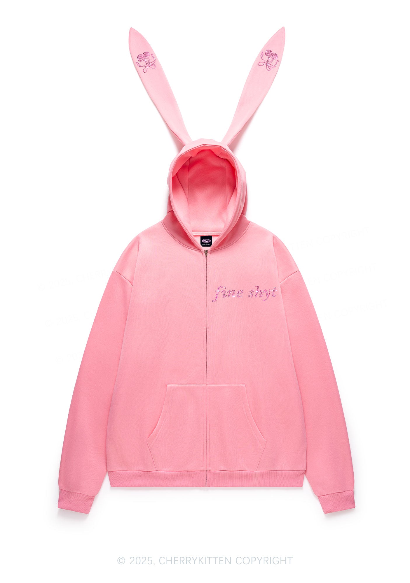 Rhinestone Fine Shyt Y2K Bunny Ear Zip Hoodie Cherrykitten