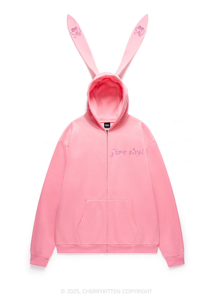 Rhinestone Fine Shyt Y2K Bunny Ear Zip Hoodie Cherrykitten