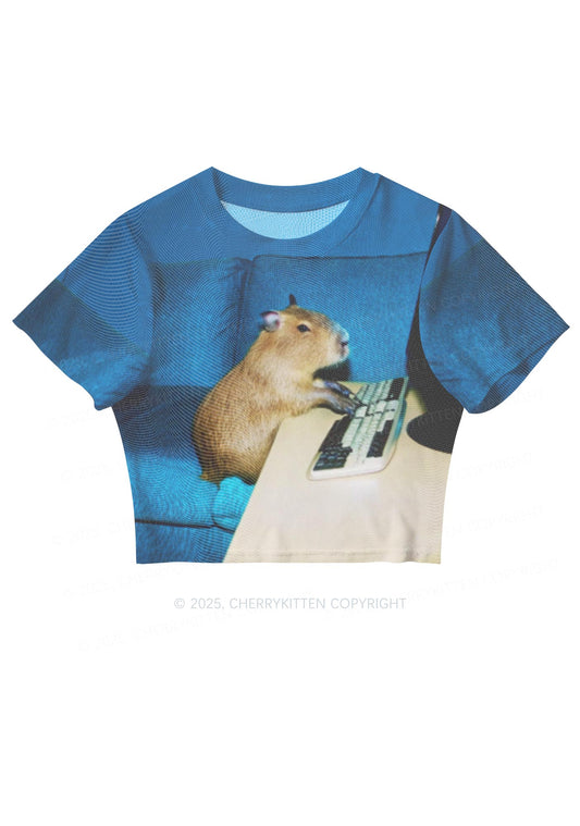 Keyboard Capybara Y2K Mesh Crop Top Cherrykitten
