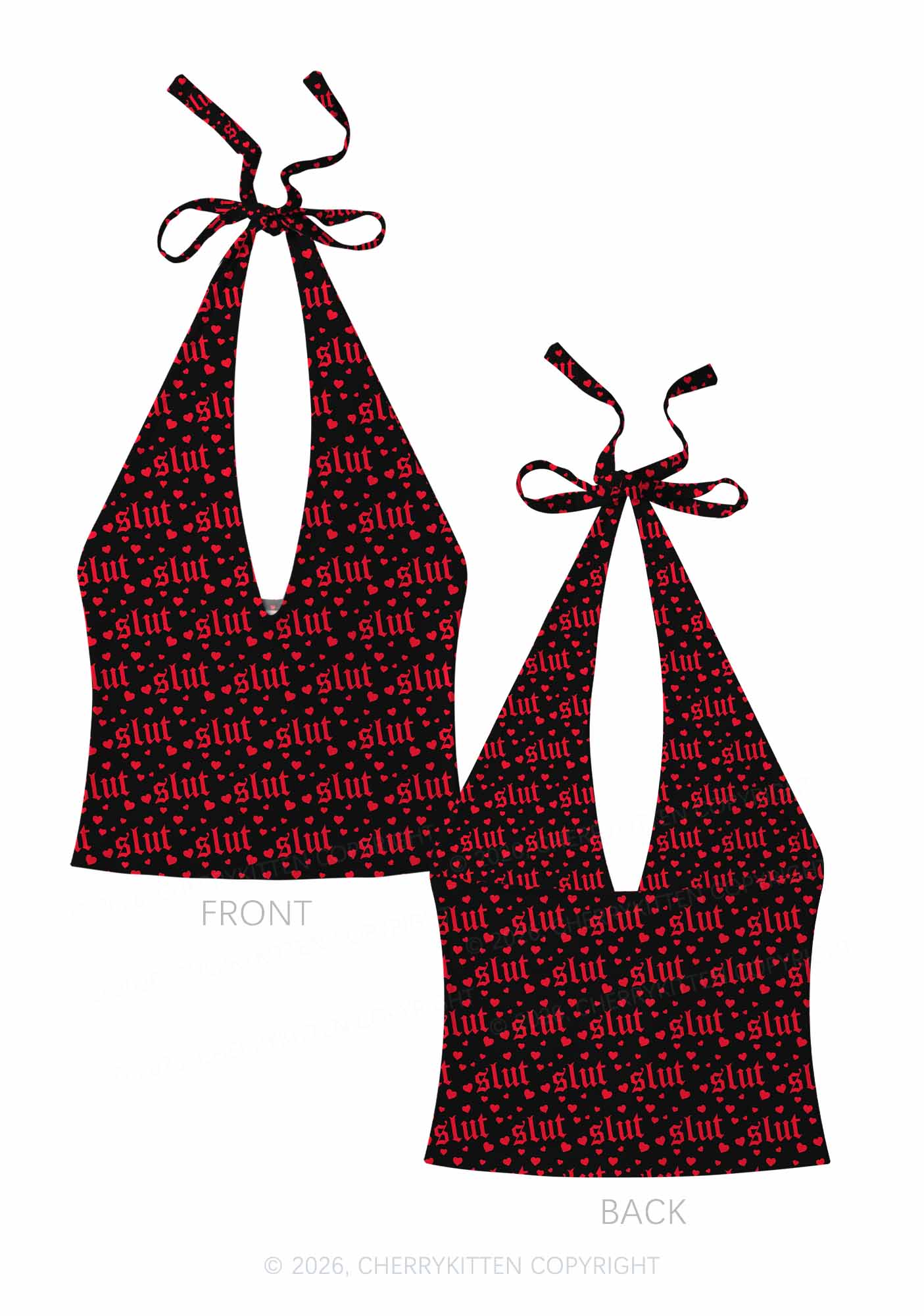 Black Slxt Y2K Print Halter Deep V Neck Cami Cherrykitten