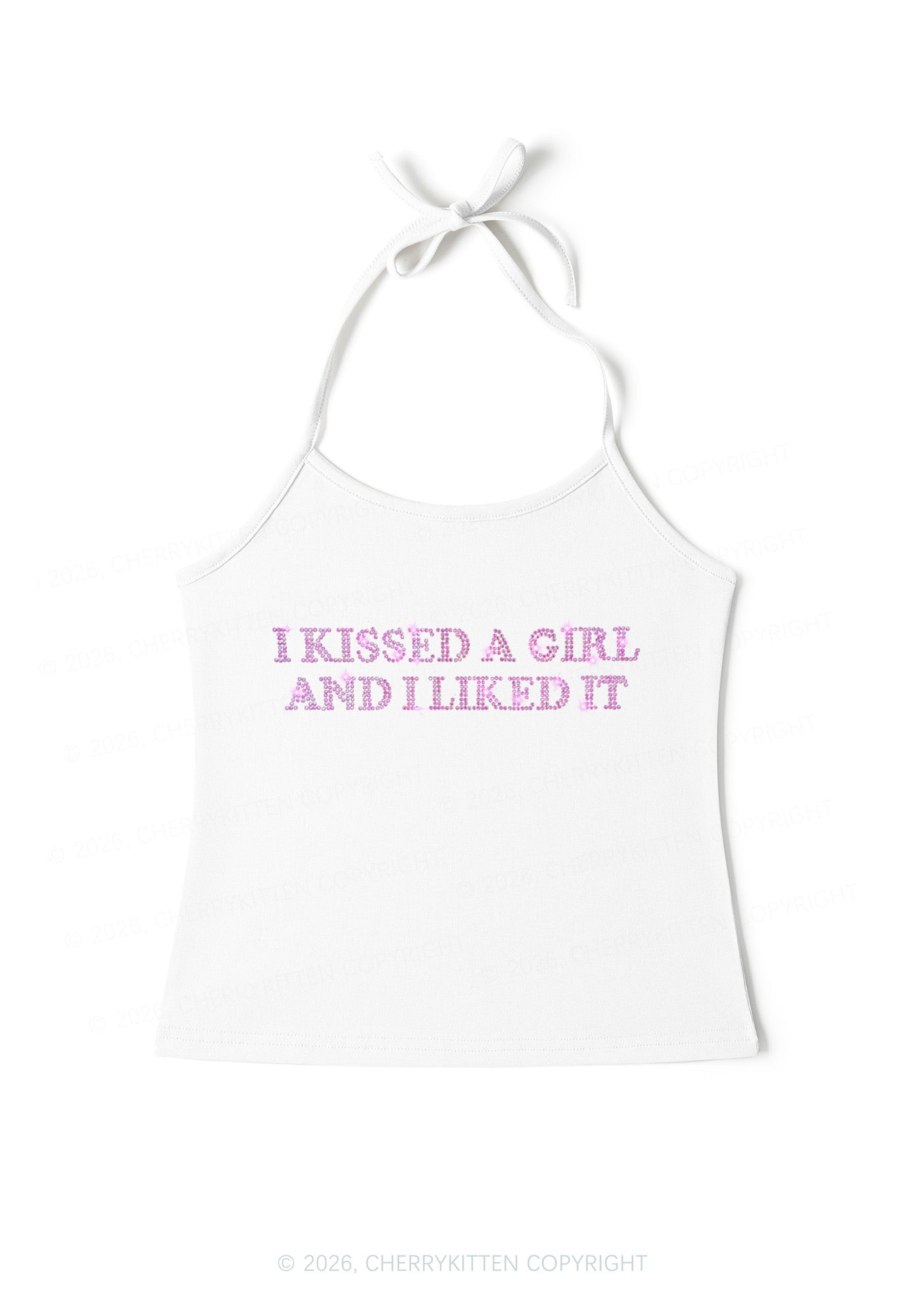 Rhinestone I Kissed A Girl Pride Y2K Halter Neck Cami Cherrykitten