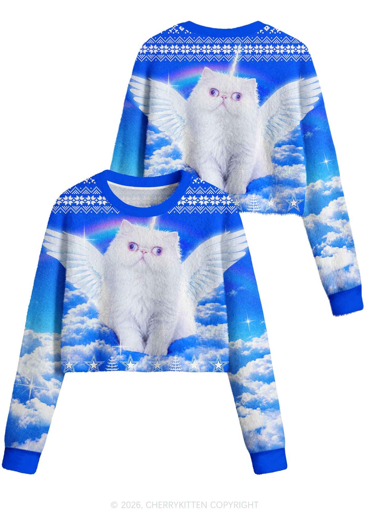 White Angel Unicorn Cat Y2K Crop Knit Sweatshirt Cherrykitten