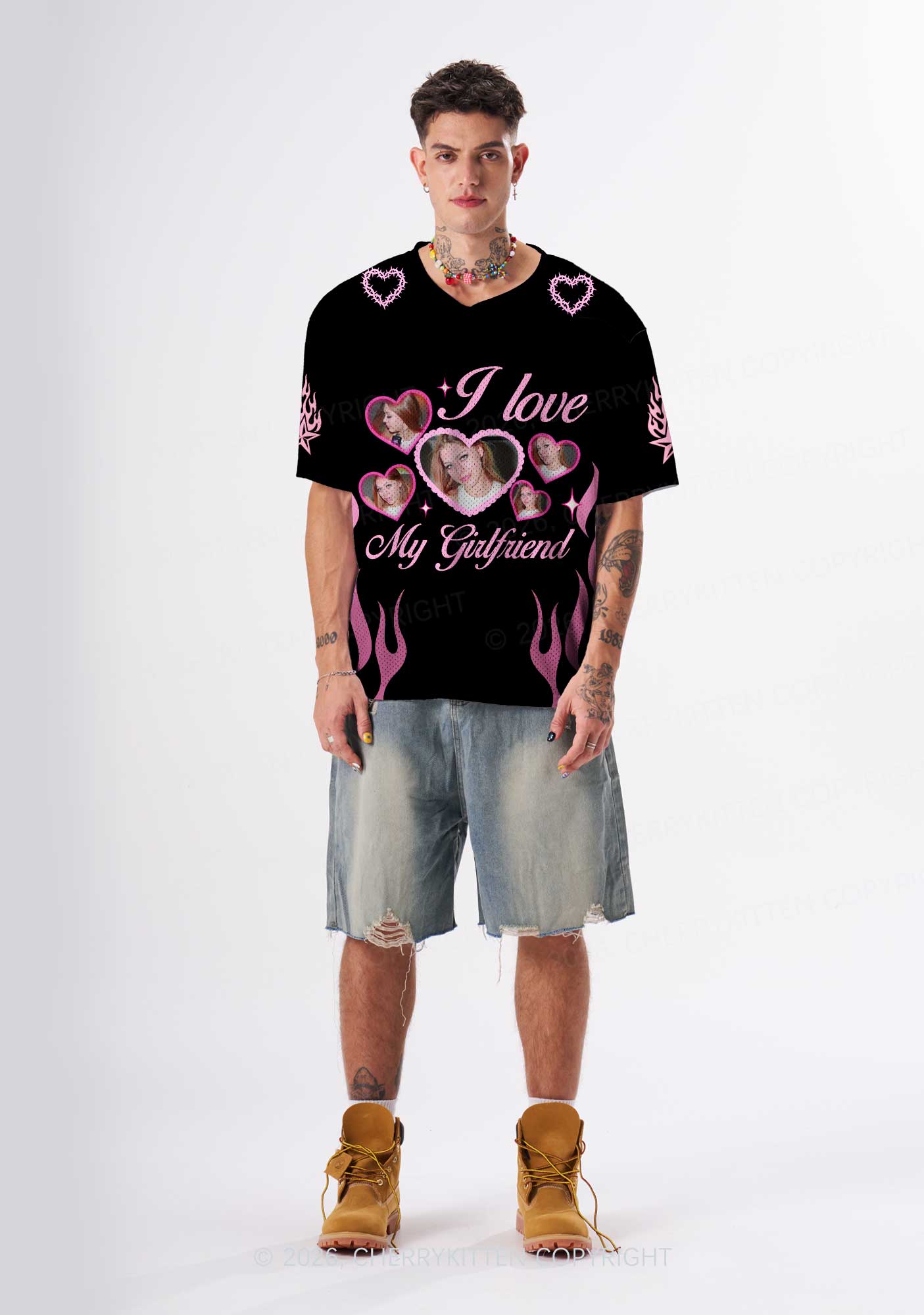 Custom Photos Pink Flame I Love My GF BF Y2K Sport Jersey Shirts Cherrykitten