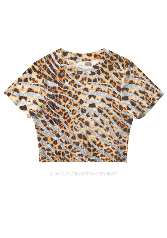 Silver Glitter Leopard Y2K Mesh Crop Top Cherrykitten