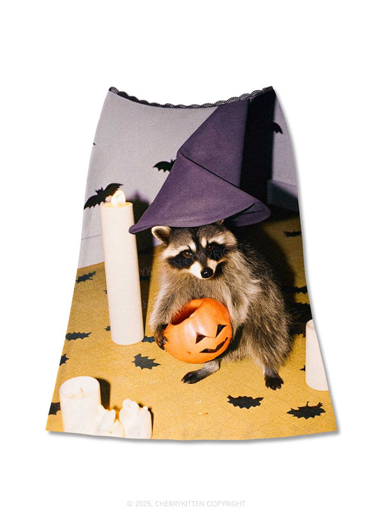 Halloween Witch Hat Raccoon Y2K Print Midi Skirt Cherrykitten