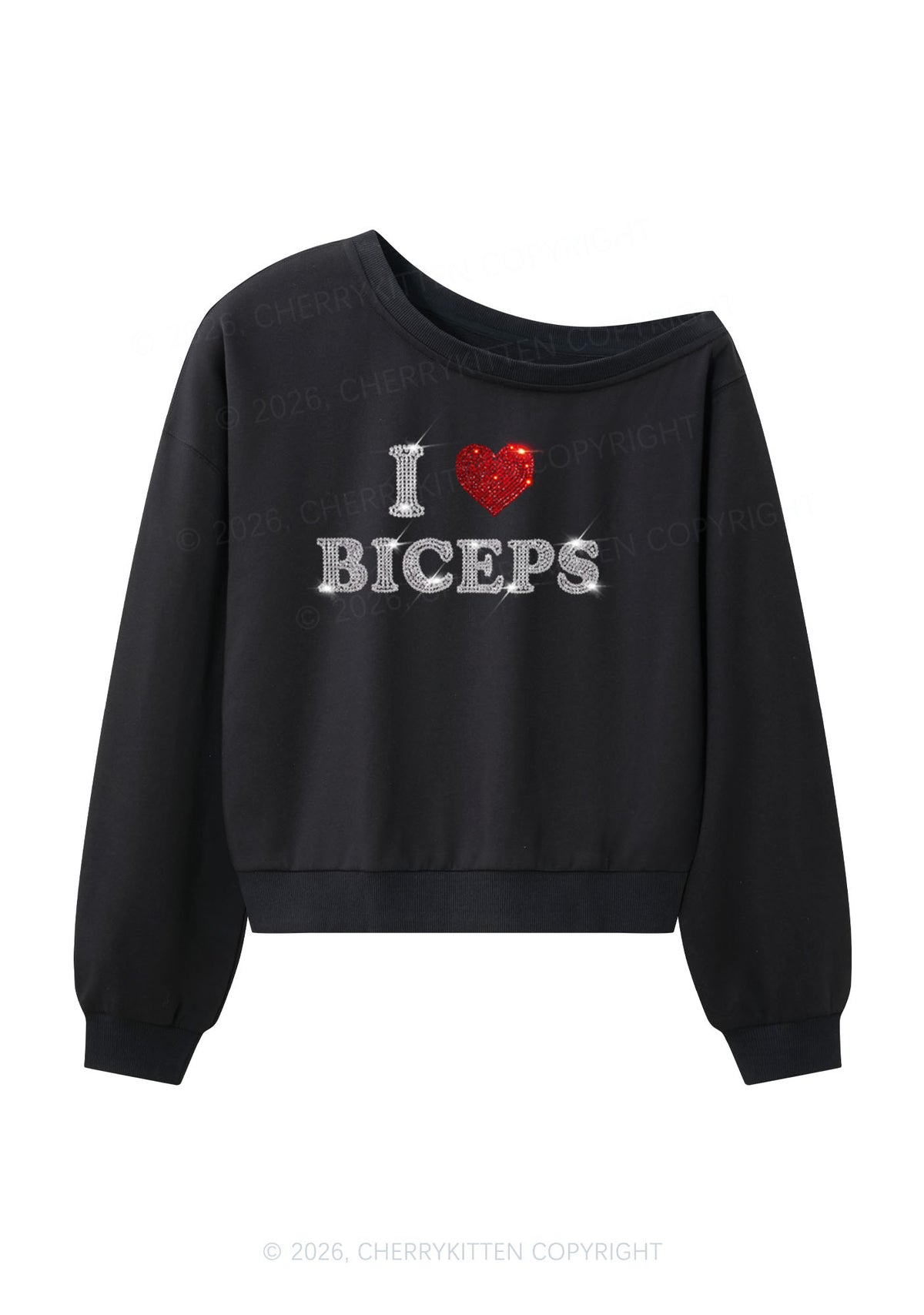Rhinestone I Love Biceps Y2K Off Shoulder Sweatshirts Cherrykitten