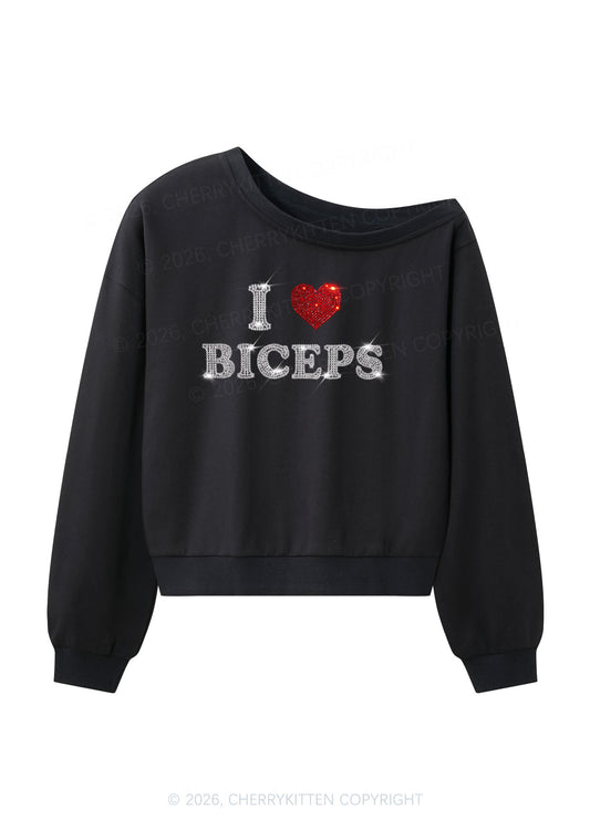 Rhinestone I Love Biceps Y2K Off Shoulder Sweatshirts Cherrykitten