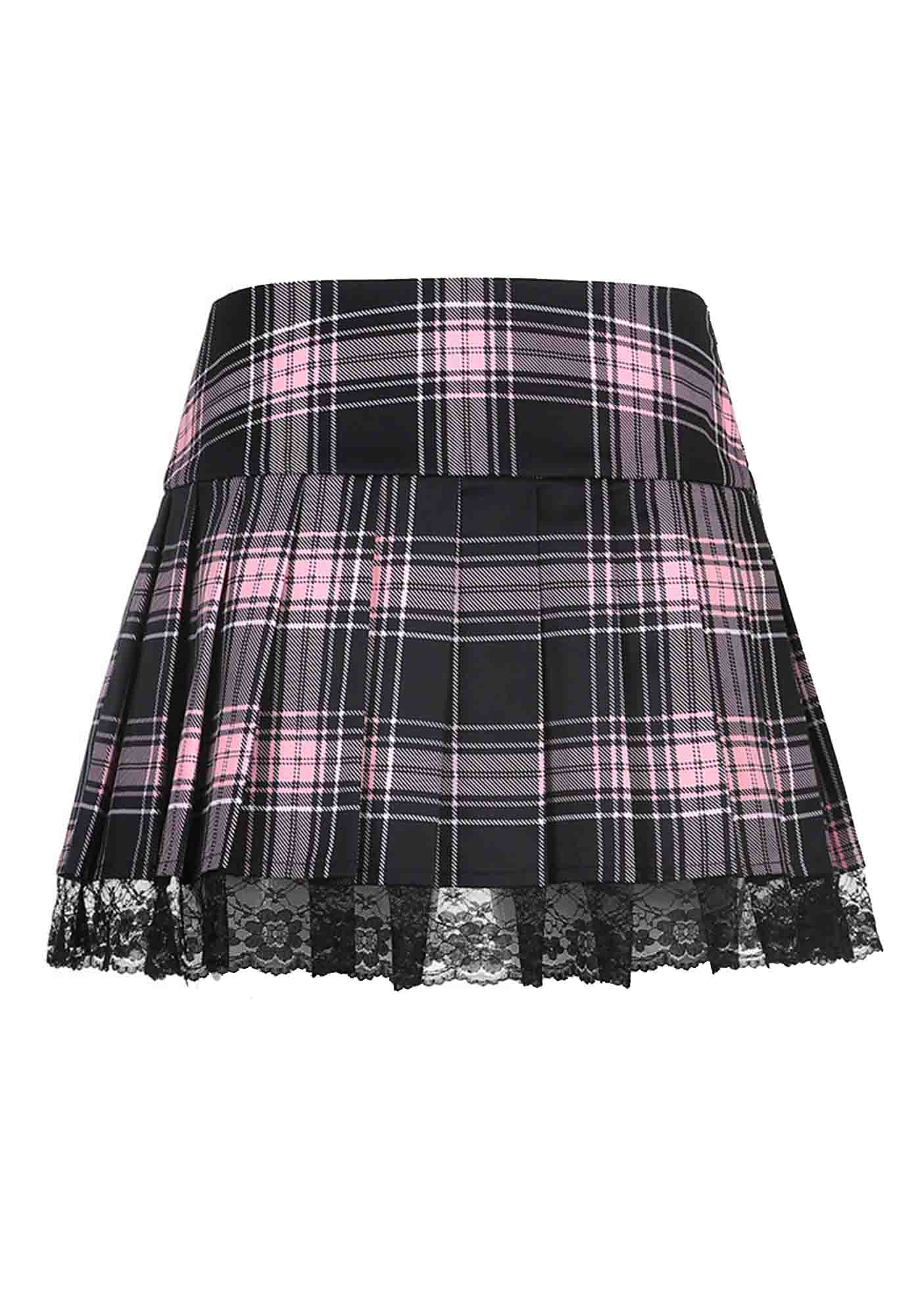 Y2K High Waist Pink Plaid Pleated Lace Up Skirt Cherrykitten