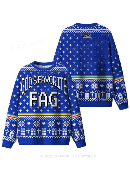 Blue Gods Favorite Fag Pride Y2K Christmas Knit Sweatshirt Cherrykitten