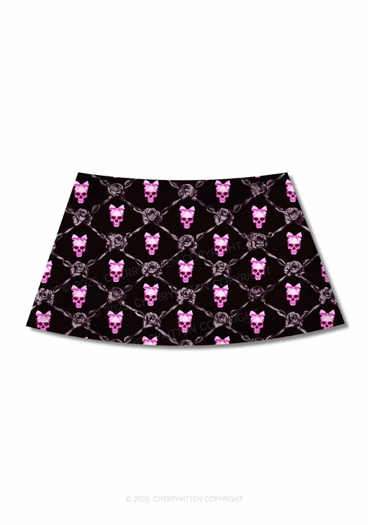 Halloween Pink Skull Y2K Print Mini Skirt Cherrykitten
