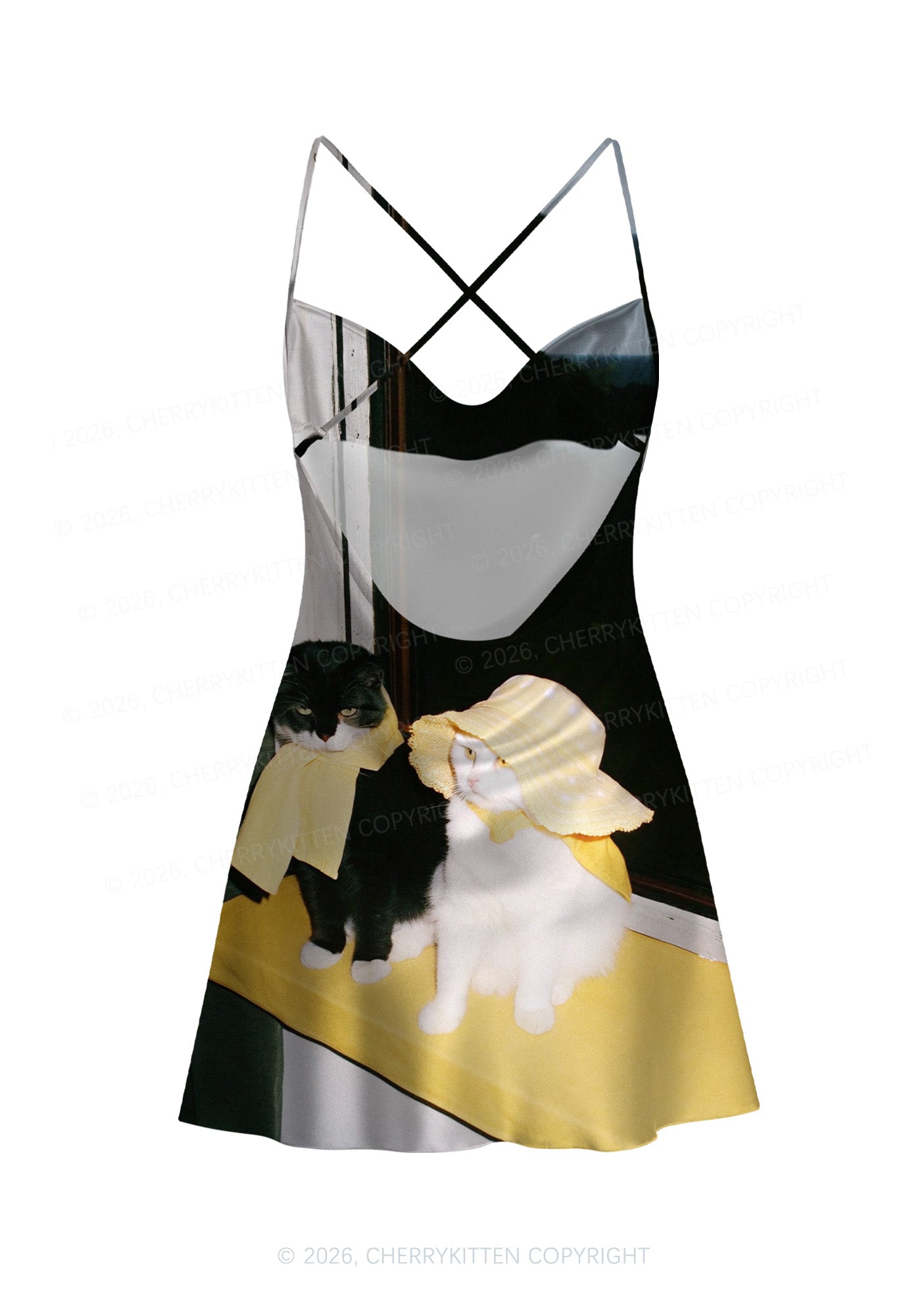 Cats Friend Y2K Print Satin Cowl Neck Slip Dress Cherrykitten