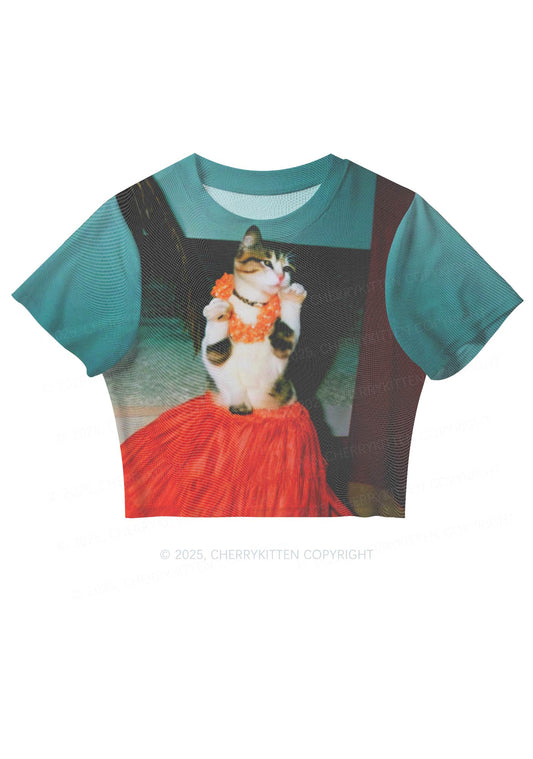 Dancing Cat Y2K Mesh Crop Top Cherrykitten