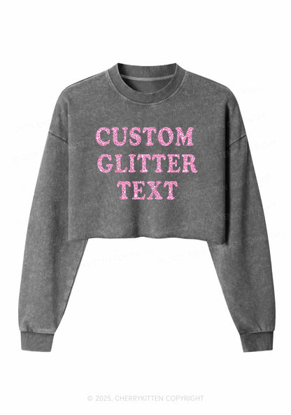 Custom Text Glitter Y2K Crop Washed Sweatshirts Cherrykitten