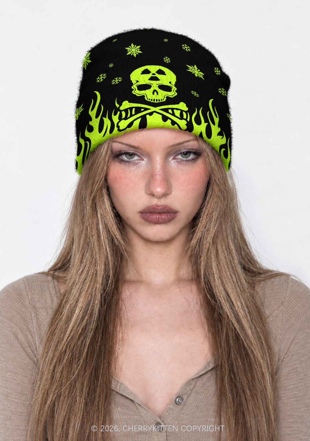 Fluorescent Green Skull Y2K Print Knit Beanie Cherrykitten
