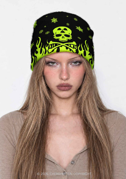Fluorescent Green Skull Y2K Print Knit Beanie Cherrykitten
