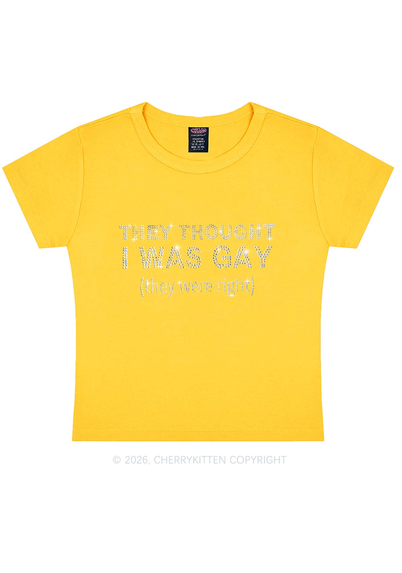 Rhinestone They Thought I Was Gay Pride Y2K Baby Tee Cherrykitten