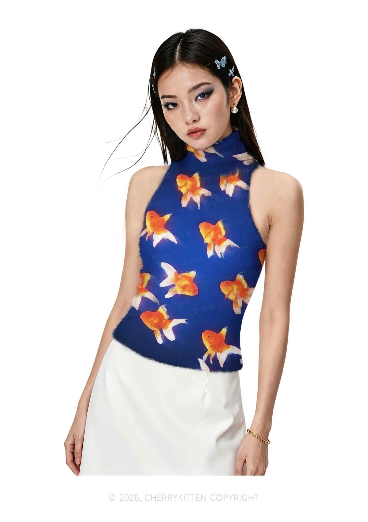 Goldfish On Blue Y2K Knit Turtleneck Tank Top Cherrykitten