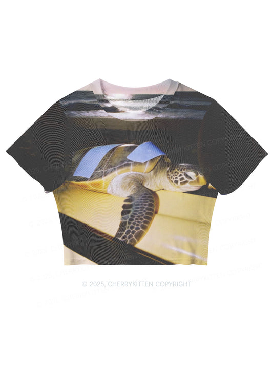 Turtle On Surfboard Y2K Mesh Crop Top Cherrykitten