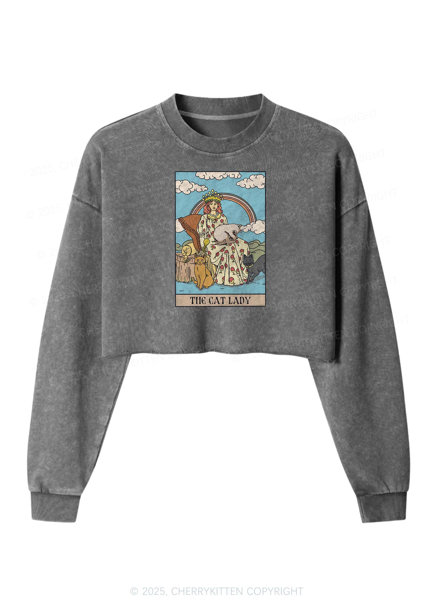 The Cat Lady Y2K Crop Washed Sweatshirts Cherrykitten