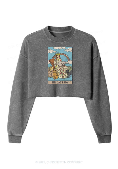 The Cat Lady Y2K Crop Washed Sweatshirts Cherrykitten