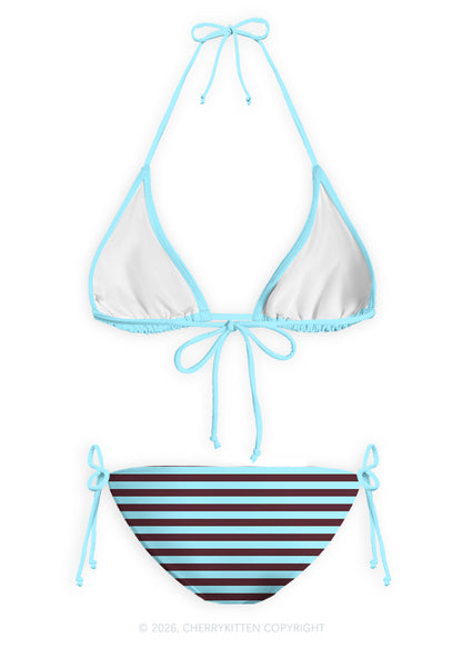 Blue Brown Stripes Y2K Print Bikini Set Cherrykitten