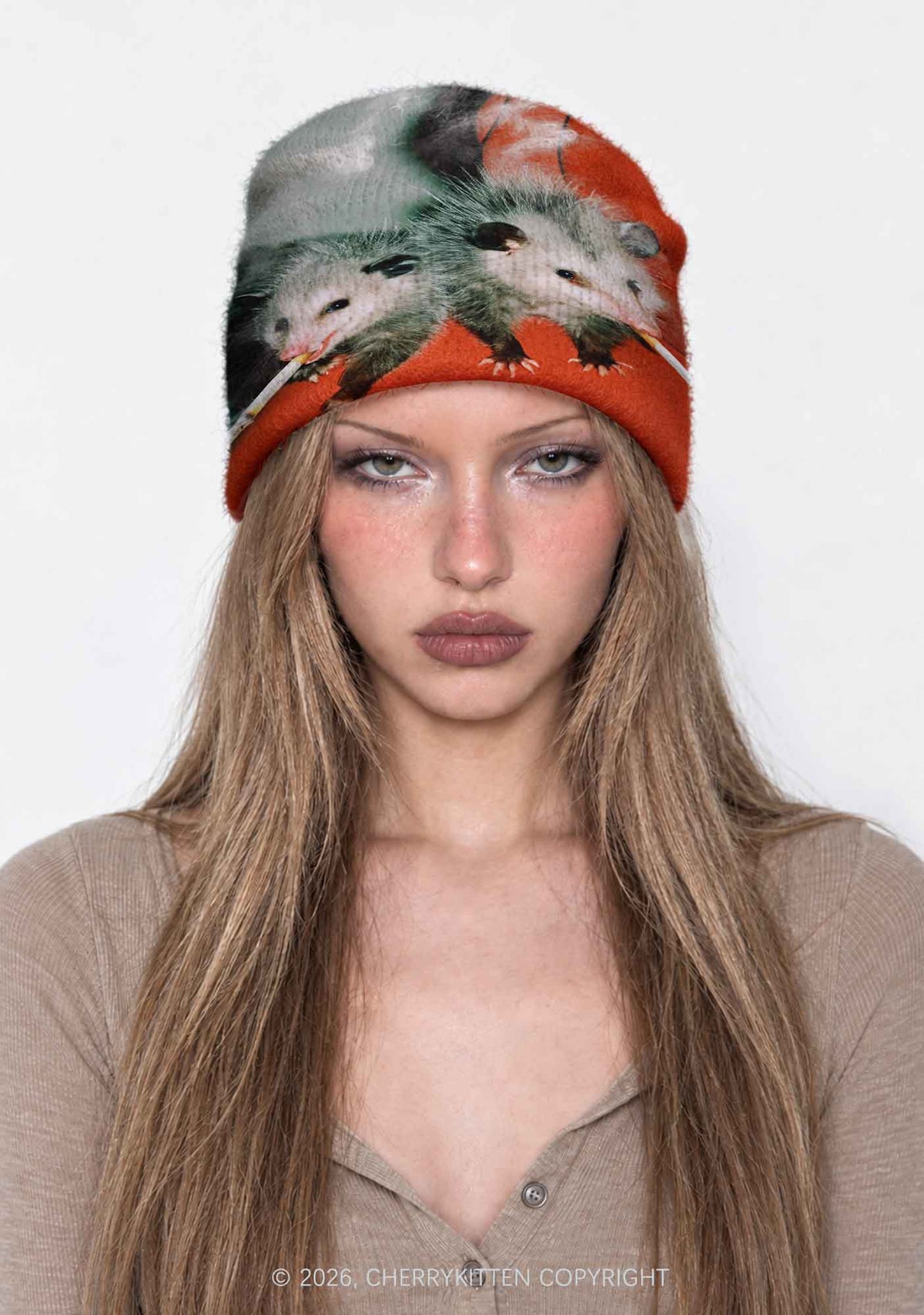 Smoking Badass Possum Y2K Print Knit Beanie Cherrykitten