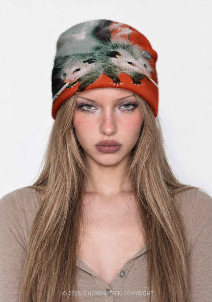 Smoking Badass Possum Y2K Print Knit Beanie Cherrykitten