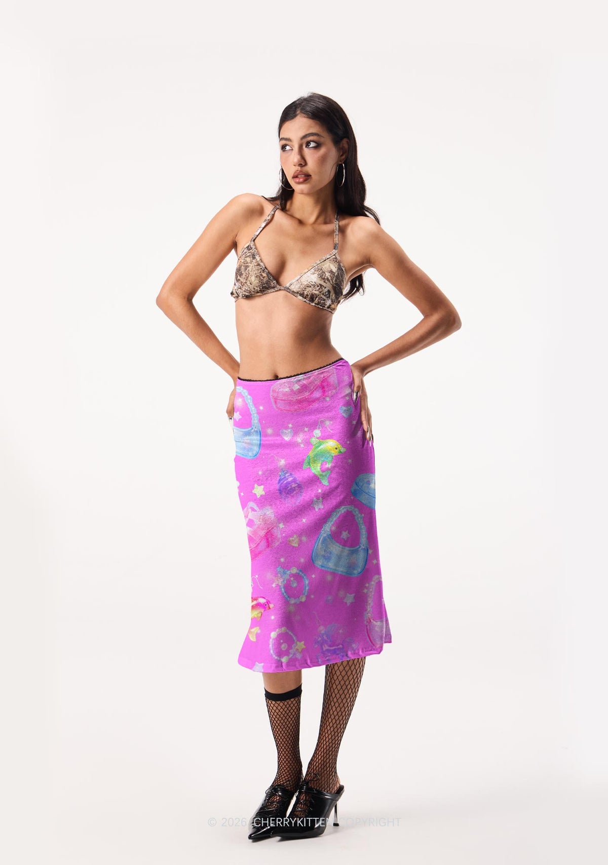 Hot Pink Jelly Charms Y2K Print Midi Skirt Cherrykitten