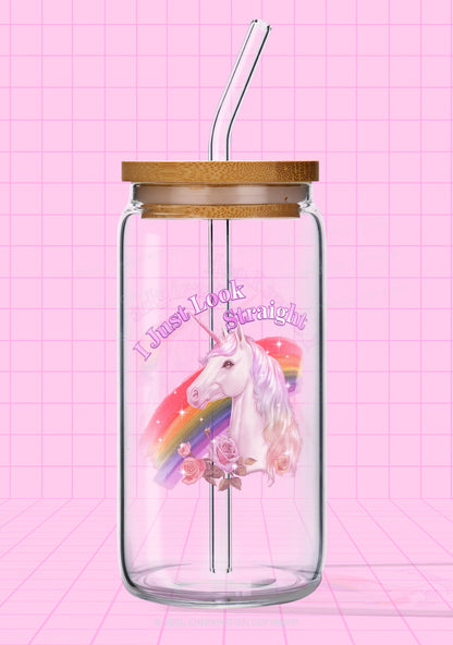 Look Straight Unicorn Pride Y2K Printed Glass Cup Cherrykitten