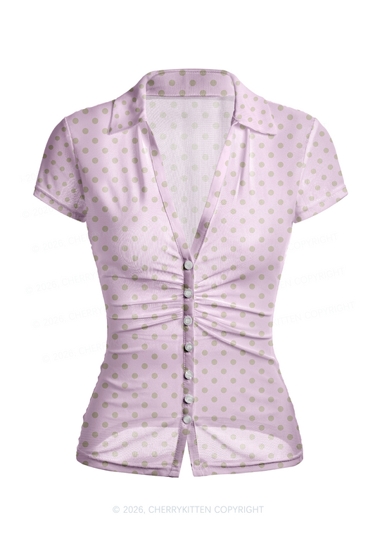 Brown Dots On Pink Y2K Mesh Ruched Waist V Neck Top Cherrykitten