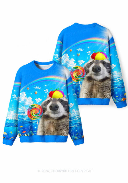 Rainbow Lollipop Raccoon Y2K Knit Sweatshirt Cherrykitten