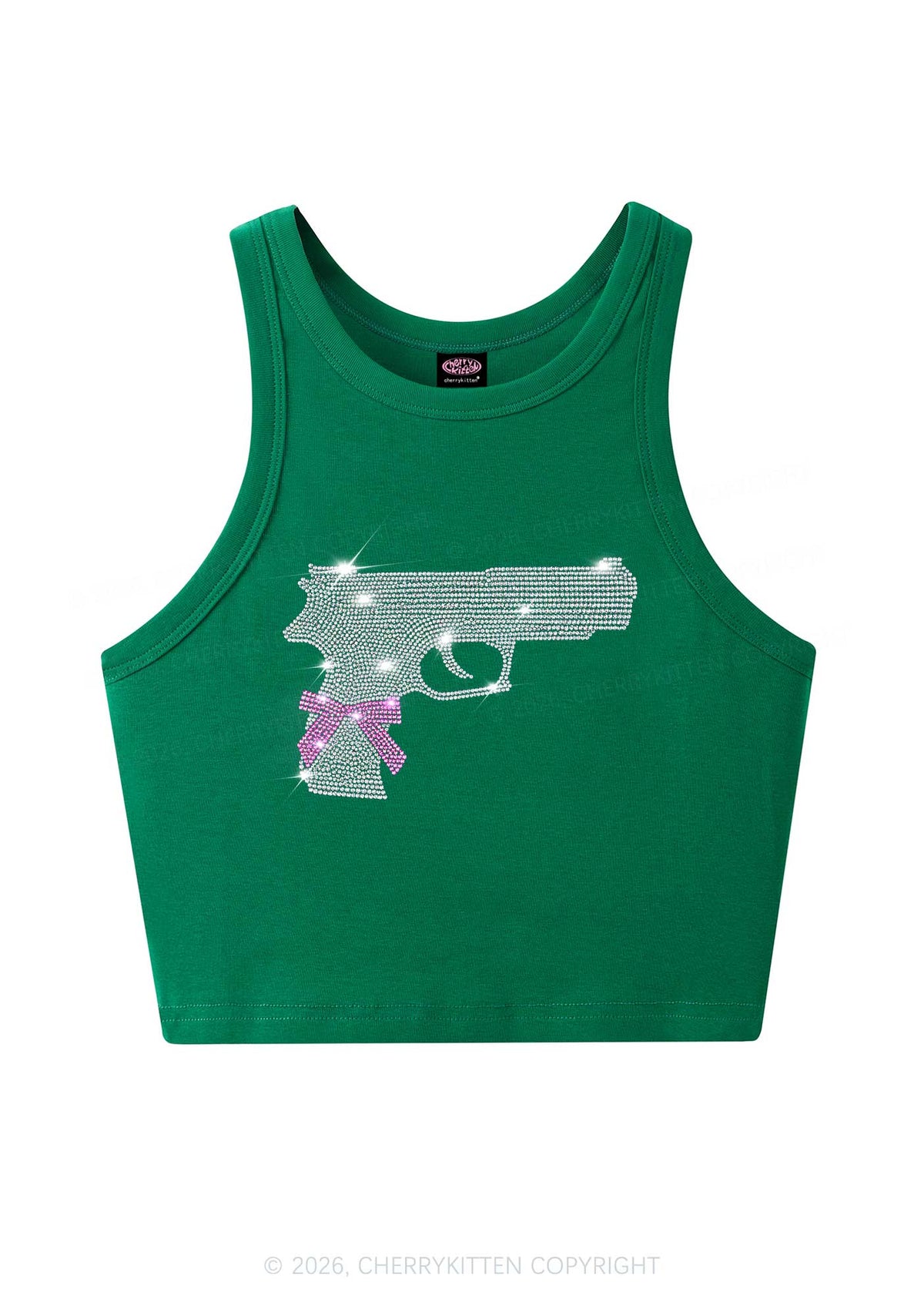 Rhinestone Pink Bow Weapon Y2K Crop Tank Top Cherrykitten