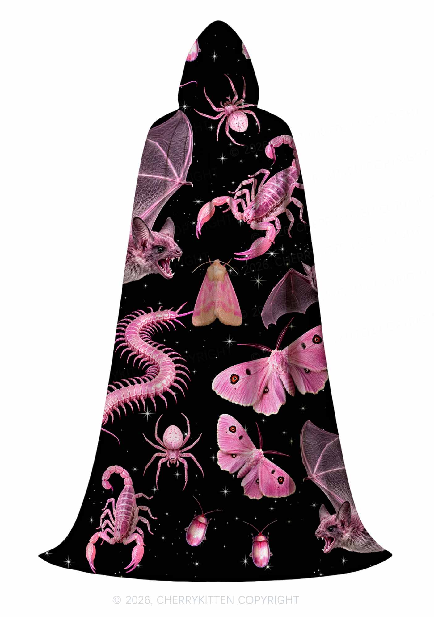 Halloween Pink Gothic Insects Y2K Print Hooded Cloak Cherrykitten
