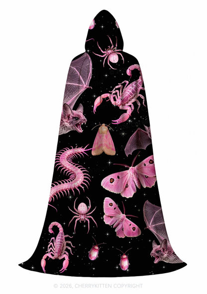 Halloween Pink Gothic Insects Y2K Print Hooded Cloak Cherrykitten