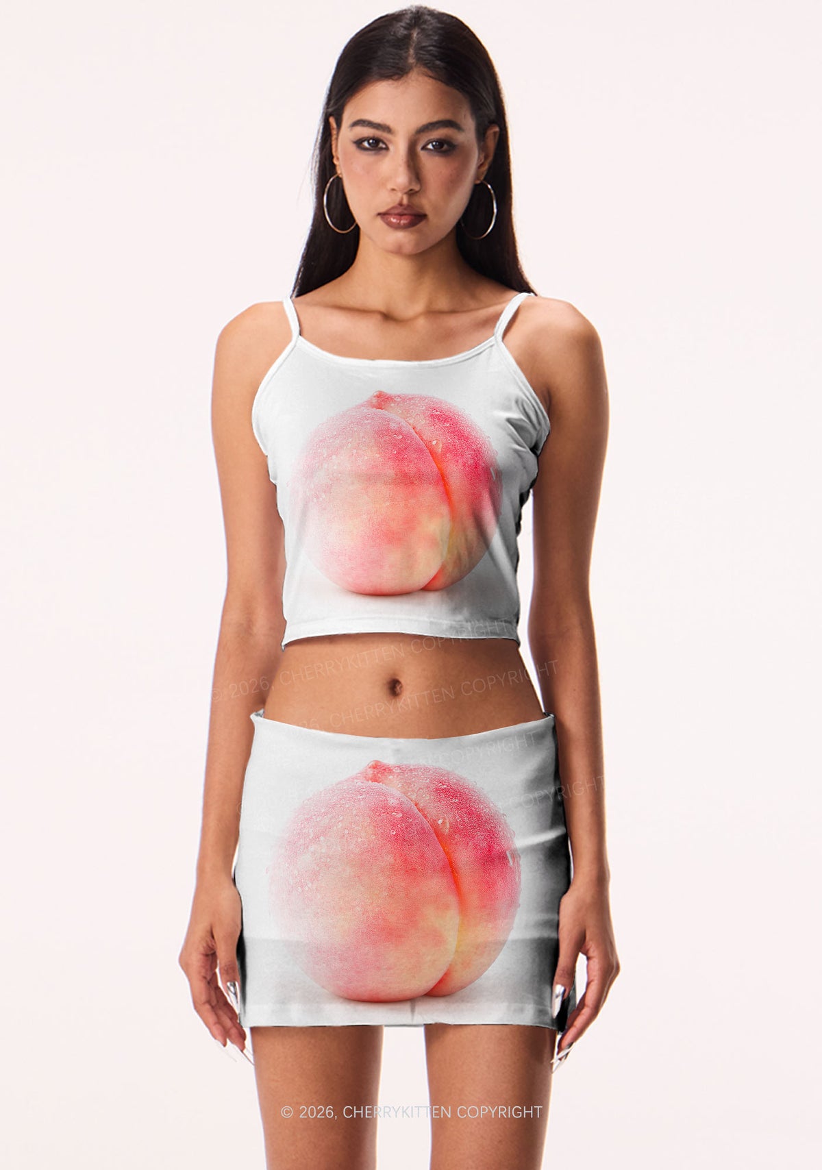Peach On White Y2K Print Mini Skirt Cherrykitten
