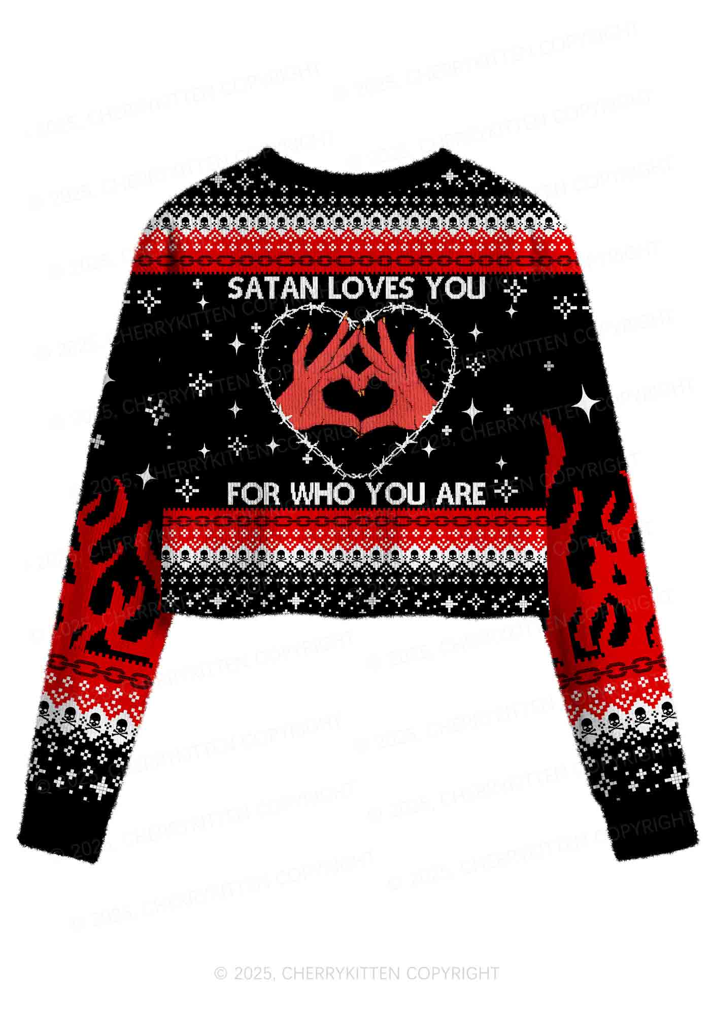Halloween Satan Loves You Heart Y2K Christmas Crop Knit Sweatshirt Cherrykitten