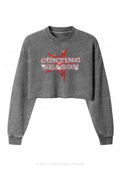 Rhinestone Cunting Season Y2K Crop Washed Sweatshirts Cherrykitten