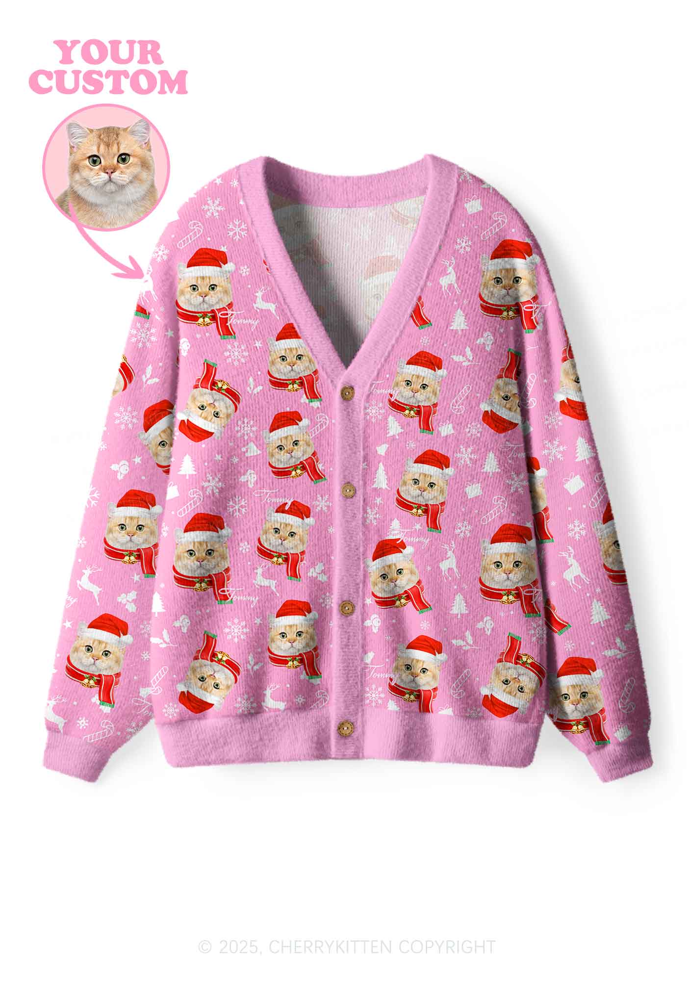 Custom Christmas Sweet Cat Face Y2K Christmas Cardigan Knit Sweatshirt Cherrykitten