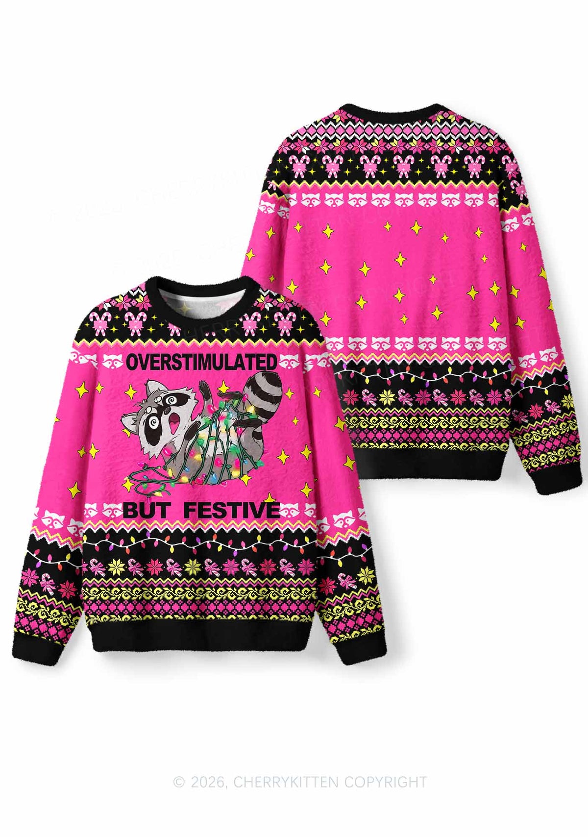 Overstimulated But Festive Raccoon Y2K Knit Sweatshirt Cherrykitten