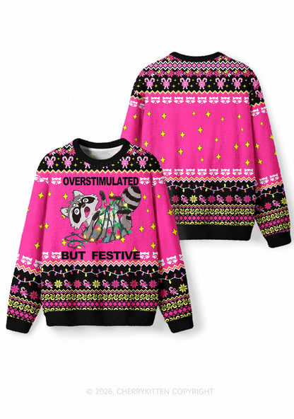 Overstimulated But Festive Raccoon Y2K Knit Sweatshirt Cherrykitten